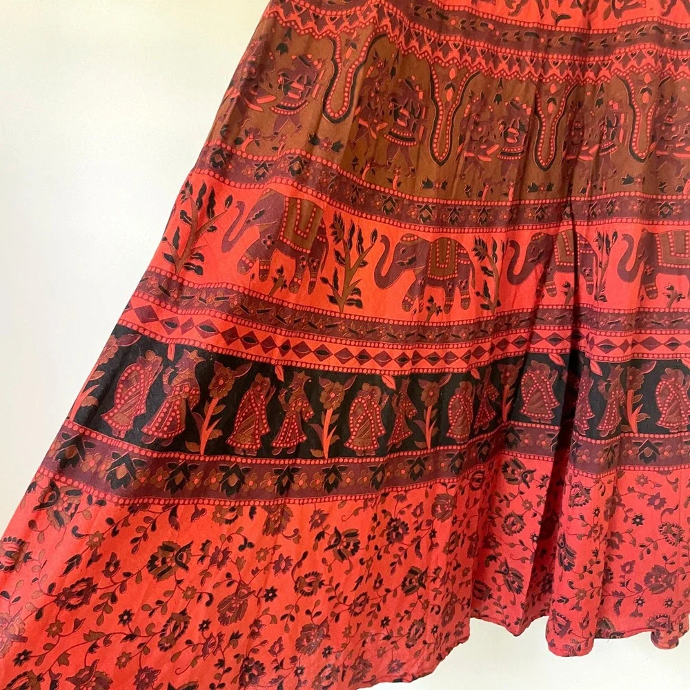 Red Boho Wrap Maxi Skirt L-XL Cotton Festival Hippie Ethnic Eclectic Elephant